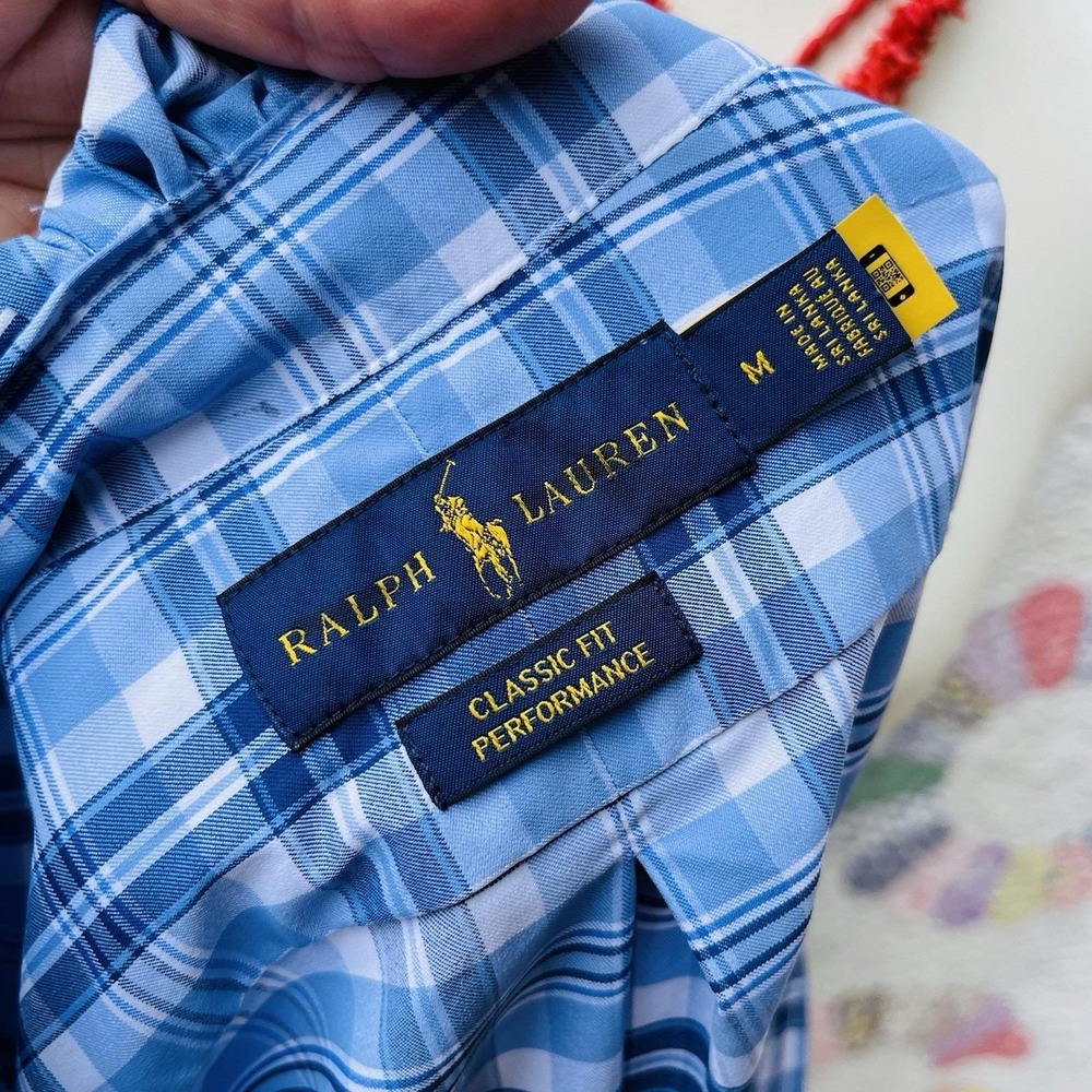 Upcycled Re-worked Ralph Lauren Performance Blue Plaid Ruffle Collar Shirt M - Picture 7 of 10